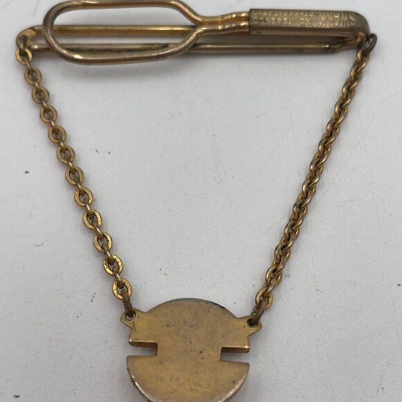 Vintage Swank Gold-Tone Tie Bar With Chain & Geometric Pendant - Picture 5 of 5